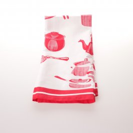 röd vit handduk med kastruller o grytor