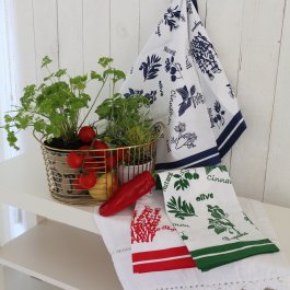stilfulla kökshanddukar med kryddor o örtor som motiv med tidlös svensk design perfekt presenttips tillsammans med örtkrukan