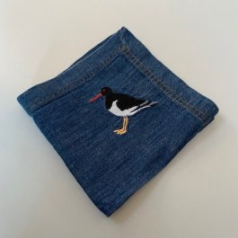 blå denim tygservett med brodyr strandfågel jeans servett blå denim servett med brodyr