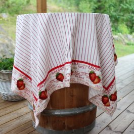duk med jordgubbsmönster rödvit duk lantlig stil svensk sommarduk