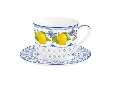 vacker tekopp frukostkopp amalfi inspirerat somrigt mönster citroner
